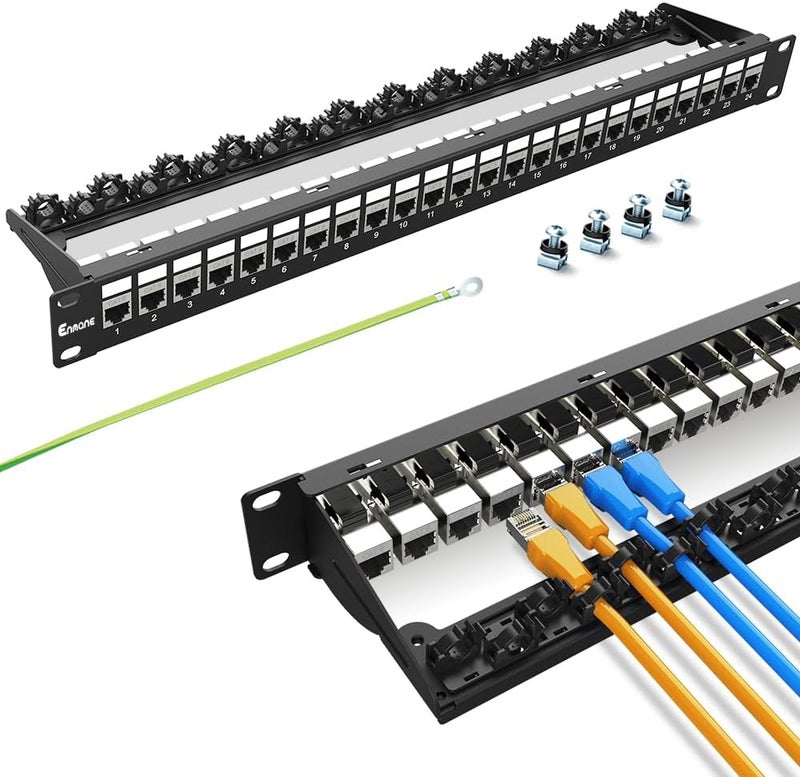Enmane 24Port Patch Panel Cat6 Keystone Patch Panel(EC Listed) RJ45 Patch Panel Network Patch Panel with Smart Cable Management for 19inch Rackmount(Shielded) - Image 1